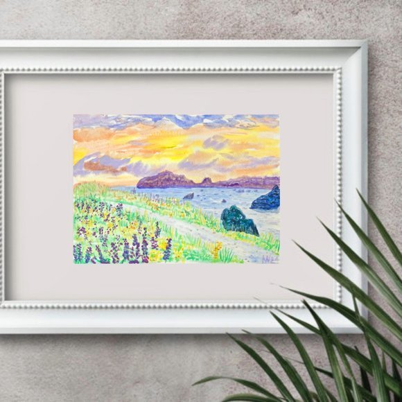 California Wall Art Beach ORIGINAL Painting Waterc - Picture 5 of 11